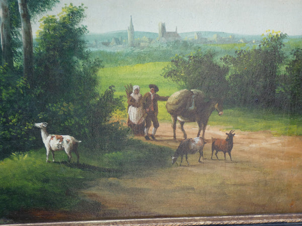 Antique Flanders school oil panel painting Landscape donkey goat signed