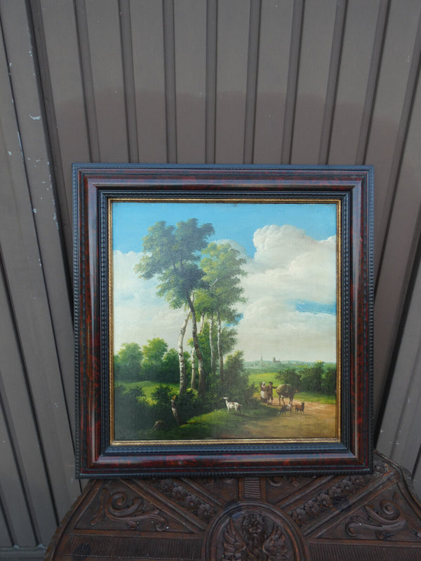 Antique Flanders school oil panel painting Landscape donkey goat signed