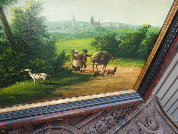 Antique Flanders school oil panel painting Landscape donkey goat signed