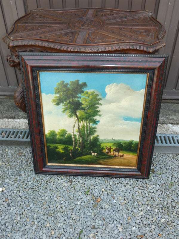 Antique Flanders school oil panel painting Landscape donkey goat signed