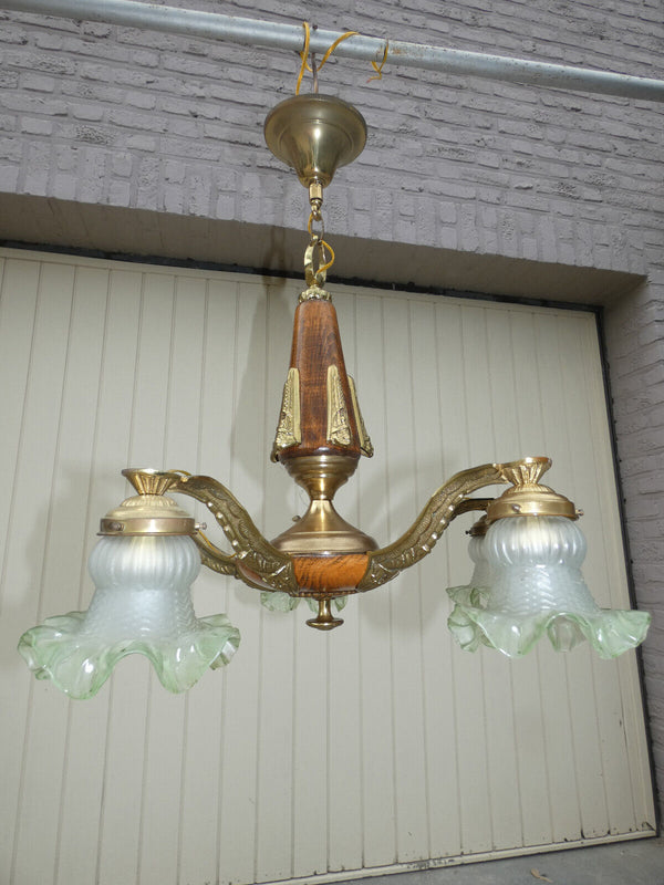 Antique French art deco Wood / brass 5 arms chandelier lamp