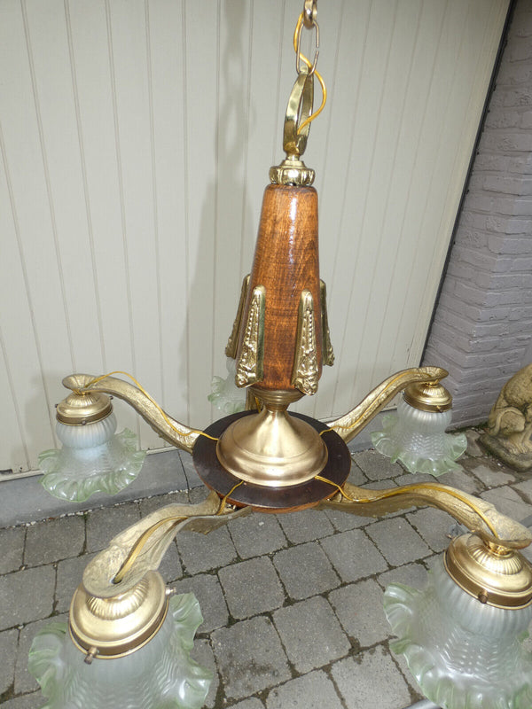 Antique French art deco Wood / brass 5 arms chandelier lamp