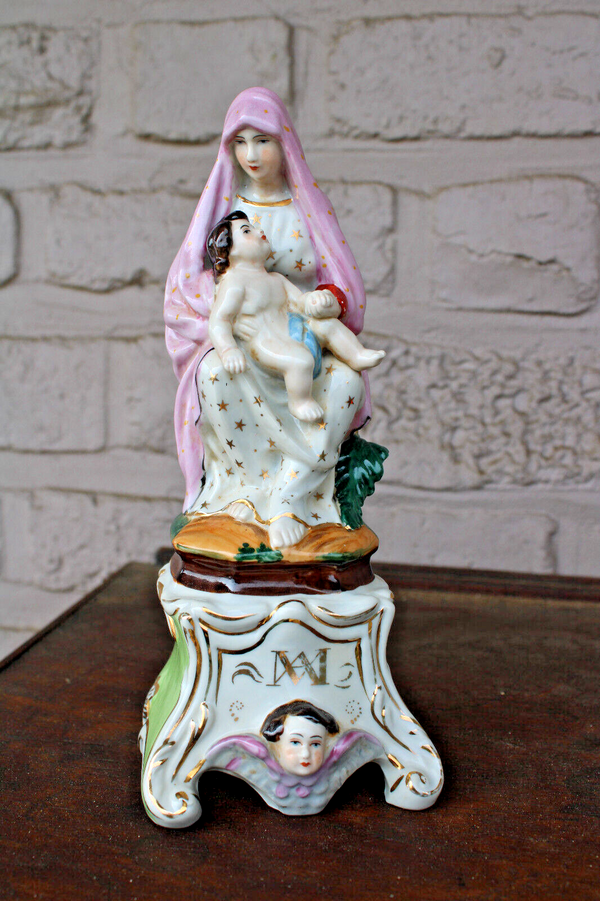 Antique french vieux paris porcelain madonna child angel figurine statue rare