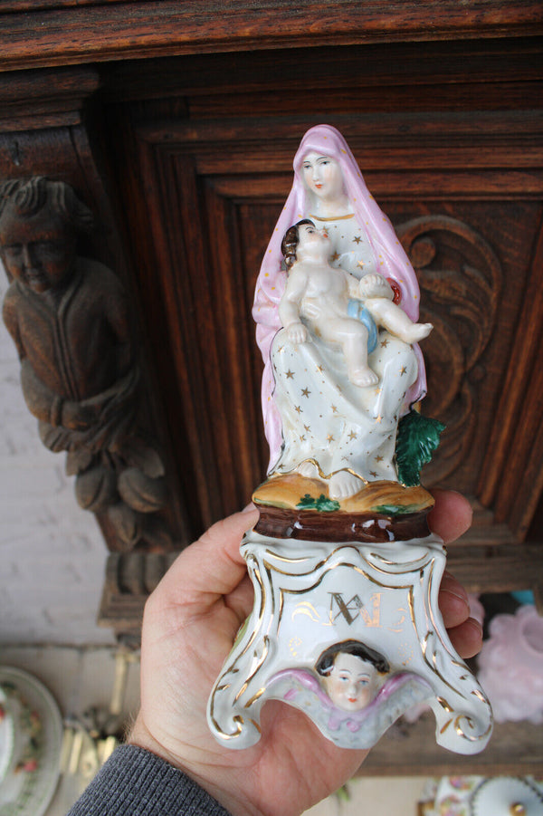 Antique french vieux paris porcelain madonna child angel figurine statue rare