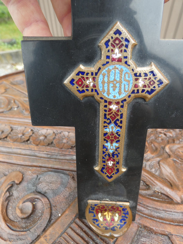 Antique French cloisonne enamel onyx marble Crucifix holy water font plaque