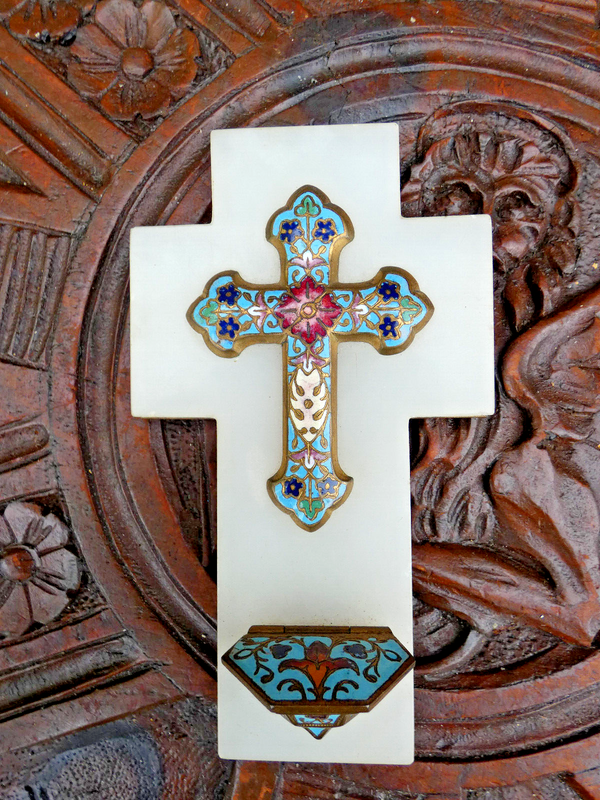 Antique French cloisonne enamel onyx marble Crucifix holy water font plaque