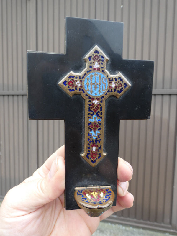 Antique French cloisonne enamel onyx marble Crucifix holy water font plaque