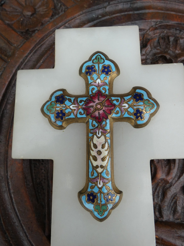 Antique French cloisonne enamel onyx marble Crucifix holy water font plaque