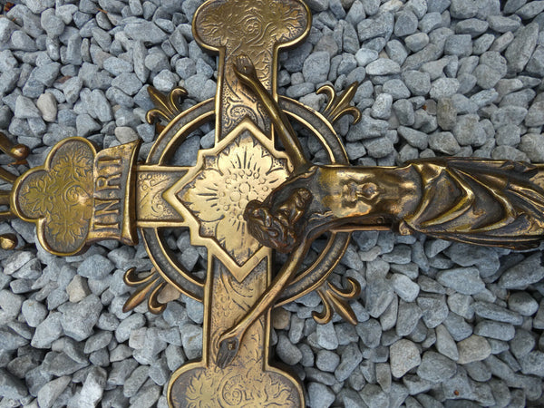 Antique bronze religious wall crucifix fleur de lys