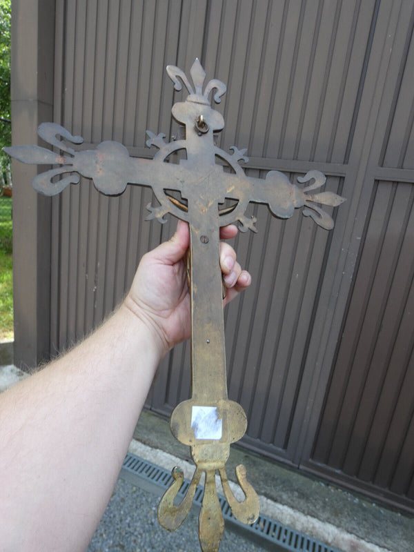 Antique bronze religious wall crucifix fleur de lys