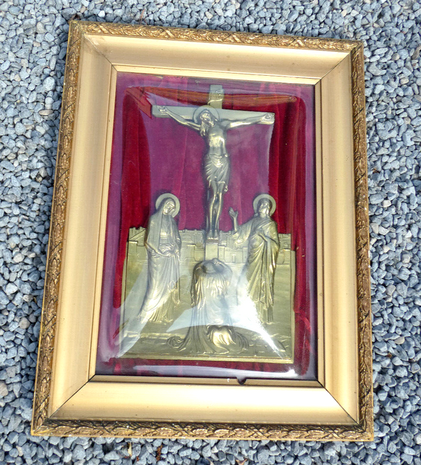 Antique french religious plaque with crucifix calvary scene metal inside