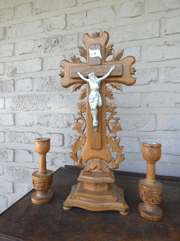 Antique wood  carved crucifix set candlesticks religious