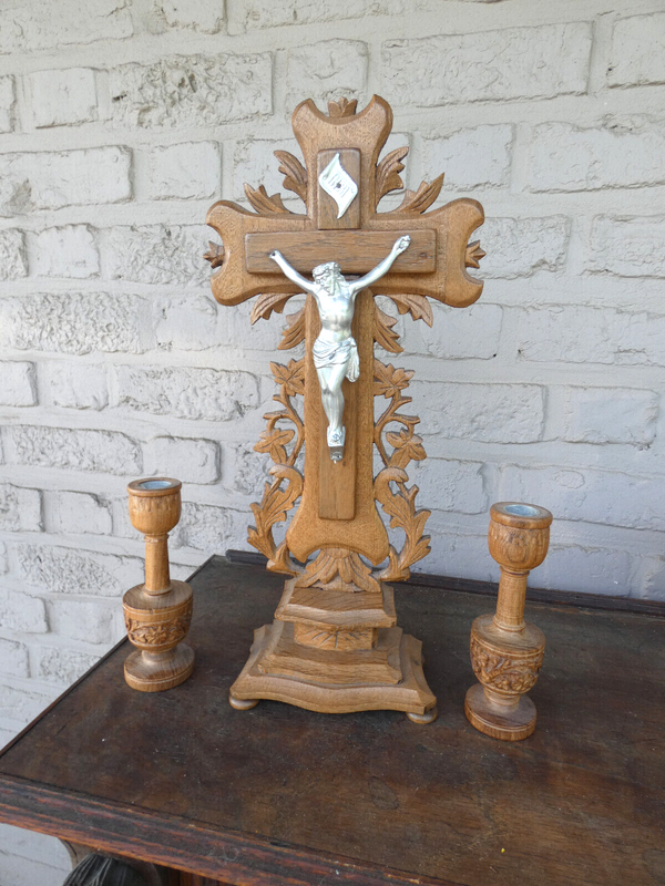 Antique wood  carved crucifix set candlesticks religious