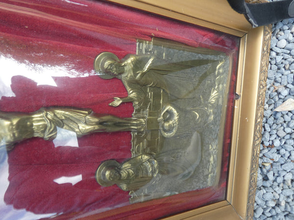 Antique french religious plaque with crucifix calvary scene metal inside