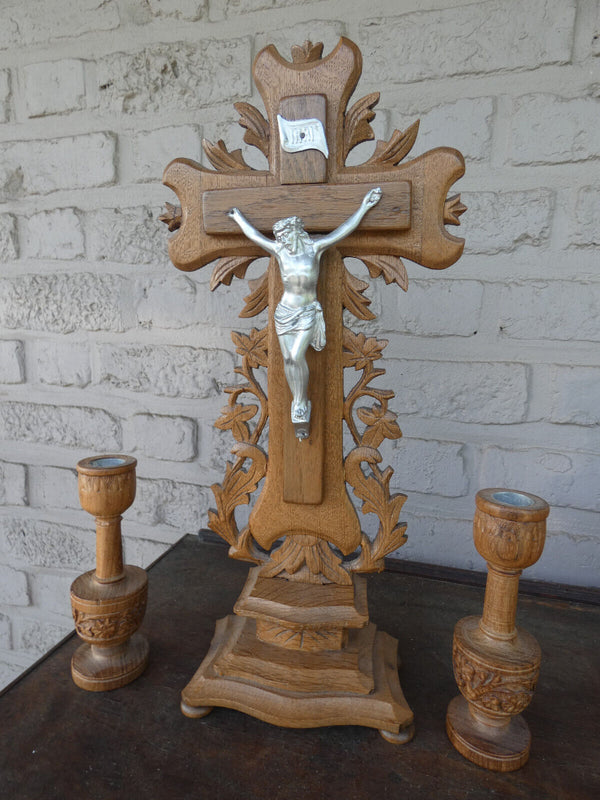 Antique wood  carved crucifix set candlesticks religious