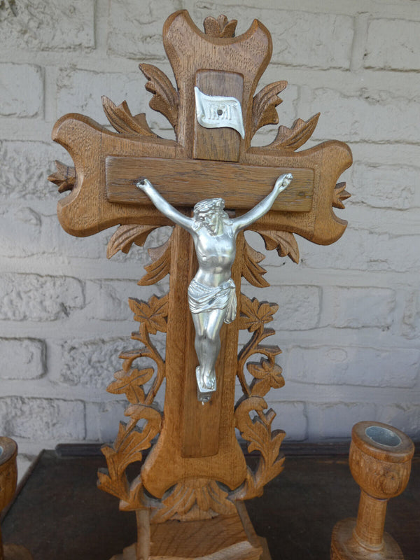 Antique wood  carved crucifix set candlesticks religious