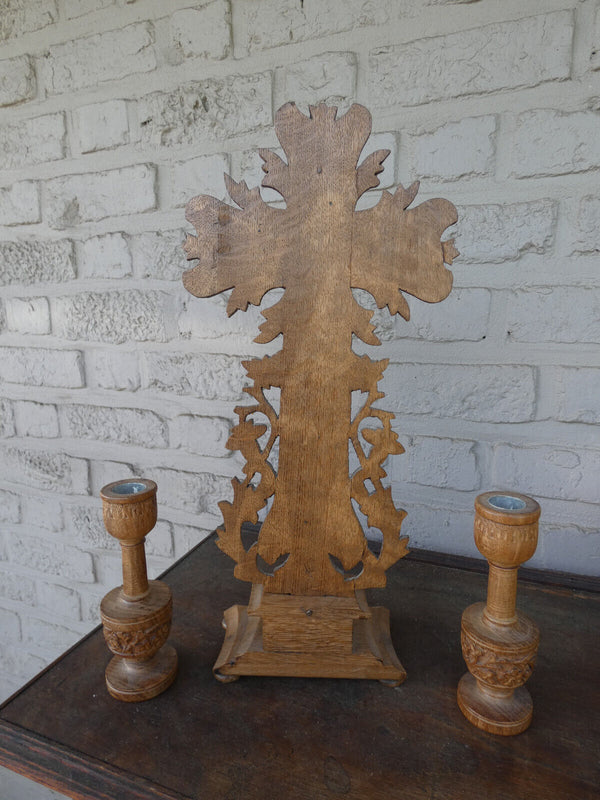 Antique wood  carved crucifix set candlesticks religious