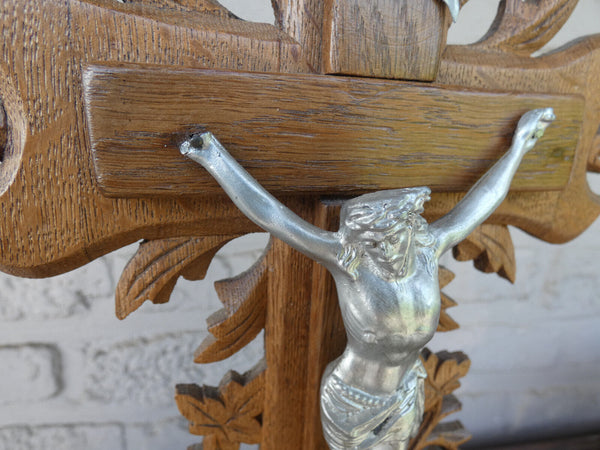 Antique wood  carved crucifix set candlesticks religious