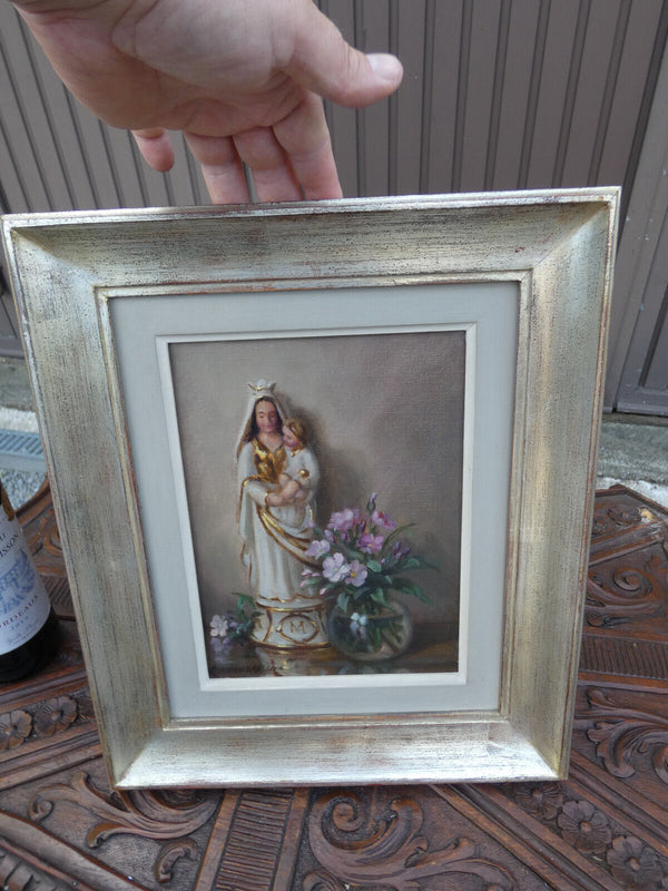 Vintage 1960s oil canvas madonna religious painting signed