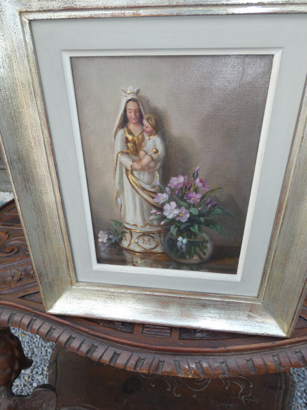 Vintage 1960s oil canvas madonna religious painting signed