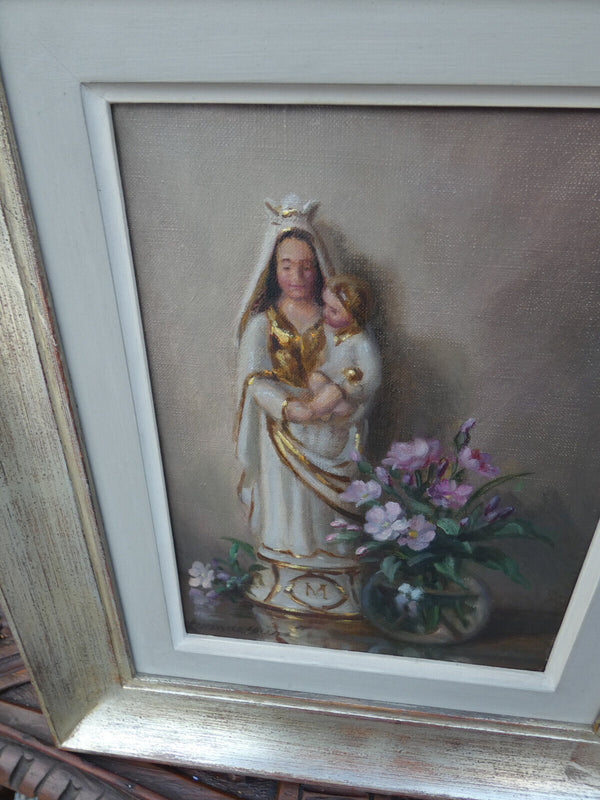 Vintage 1960s oil canvas madonna religious painting signed