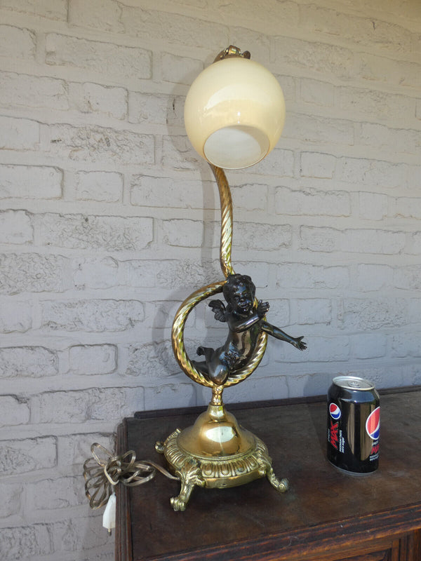 Vintage bronze putti cherub table lamp glass shade 1960s rare