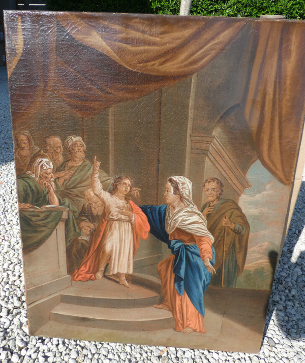 Antique 19thc French oil canvas relined painting jesus with temple priests