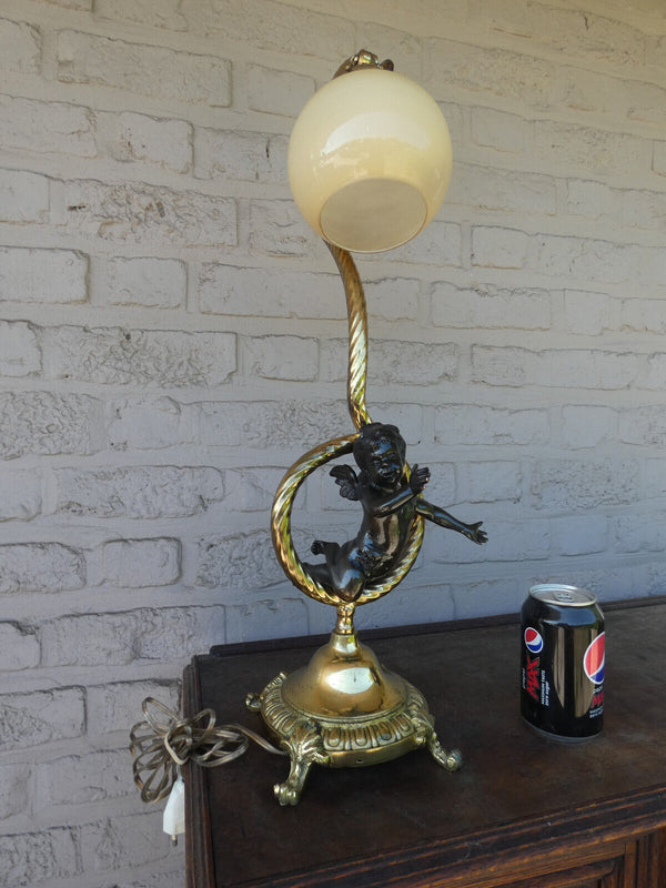 Vintage bronze putti cherub table lamp glass shade 1960s rare