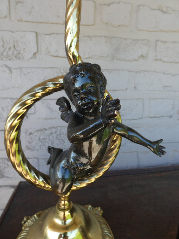 Vintage bronze putti cherub table lamp glass shade 1960s rare