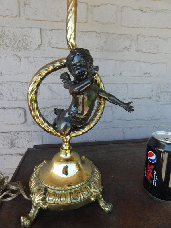 Vintage bronze putti cherub table lamp glass shade 1960s rare