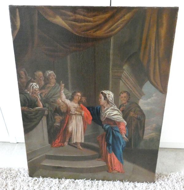 Antique 19thc French oil canvas relined painting jesus with temple priests