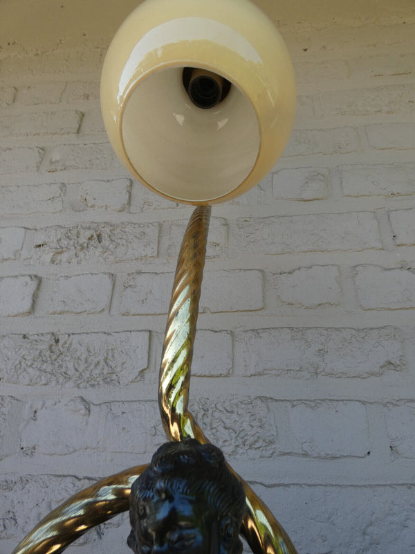 Vintage bronze putti cherub table lamp glass shade 1960s rare