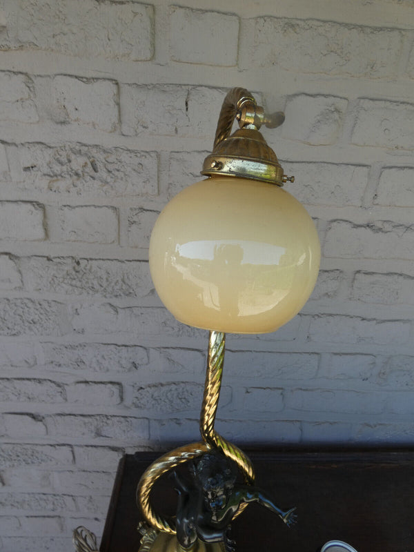 Vintage bronze putti cherub table lamp glass shade 1960s rare