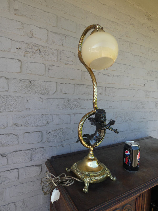 Vintage bronze putti cherub table lamp glass shade 1960s rare