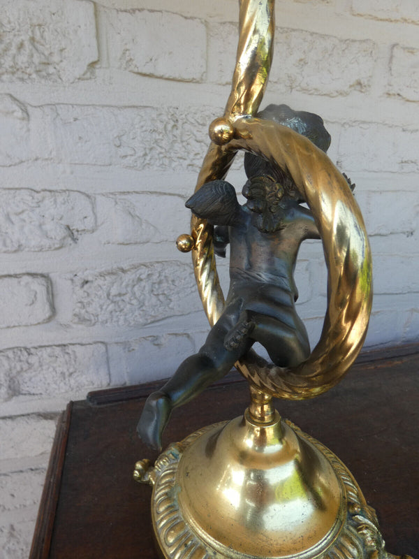 Vintage bronze putti cherub table lamp glass shade 1960s rare