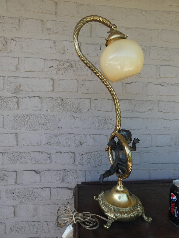 Vintage bronze putti cherub table lamp glass shade 1960s rare