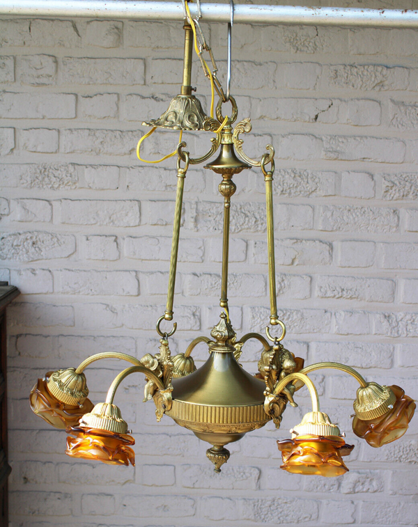 French brass Putti cherub angel 6 arms chandelier amber colour glass Rare