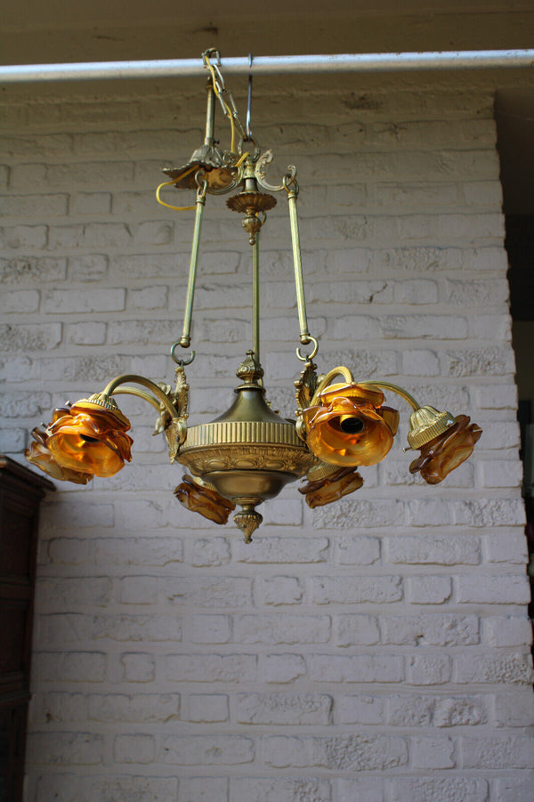 French brass Putti cherub angel 6 arms chandelier amber colour glass Rare