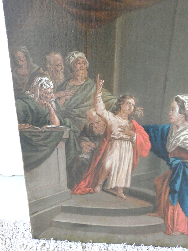 Antique 19thc French oil canvas relined painting jesus with temple priests