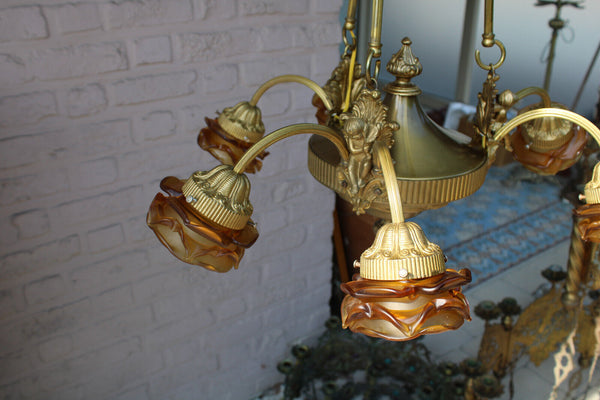 French brass Putti cherub angel 6 arms chandelier amber colour glass Rare