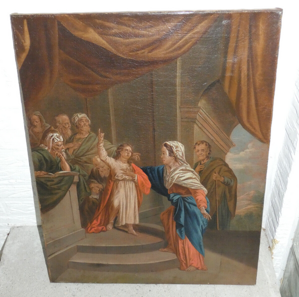 Antique 19thc French oil canvas relined painting jesus with temple priests