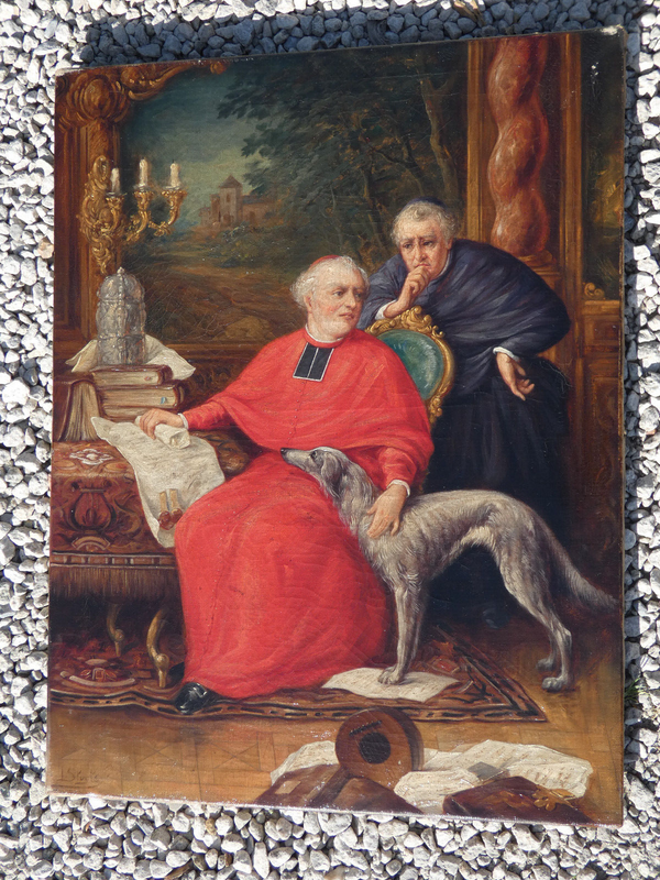 Antique Top Belgian Bishop cardinal  dog religious oil canvas painting rare