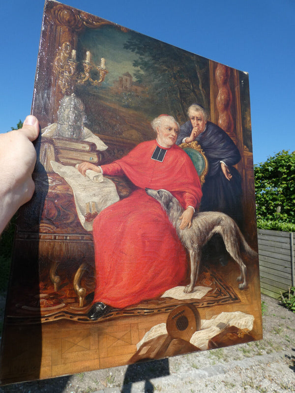 Antique Top Belgian Bishop cardinal  dog religious oil canvas painting rare