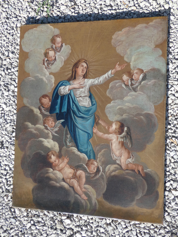 Antique 19thc French oil canvas relined painting Assumption virgin mary angels