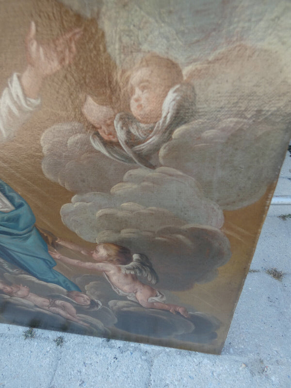 Antique 19thc French oil canvas relined painting Assumption virgin mary angels