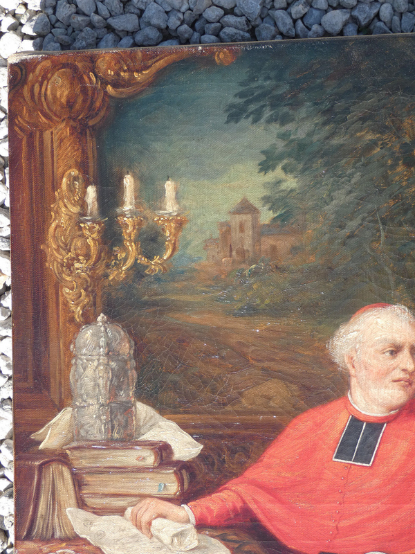 Antique Top Belgian Bishop cardinal  dog religious oil canvas painting rare