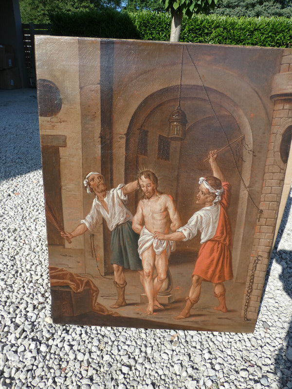 Antique 19thc French oil canvas relined painting Flagellation christ jesus