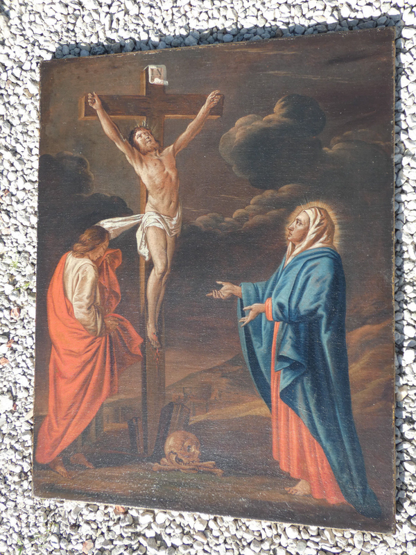 Antique 19thc French oil canvas relined painting jesus crucifix calvary