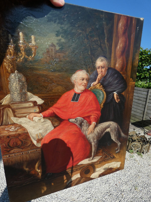 Antique Top Belgian Bishop cardinal  dog religious oil canvas painting rare