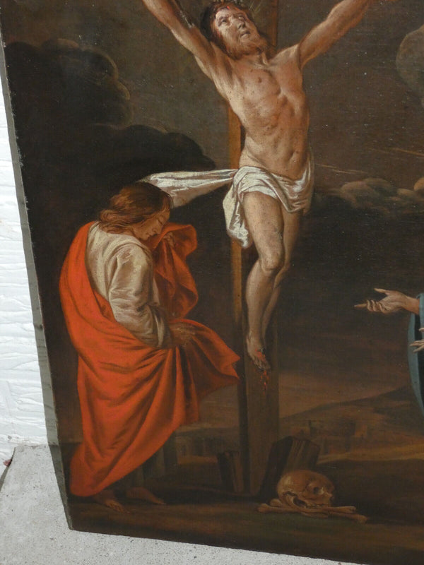 Antique 19thc French oil canvas relined painting jesus crucifix calvary